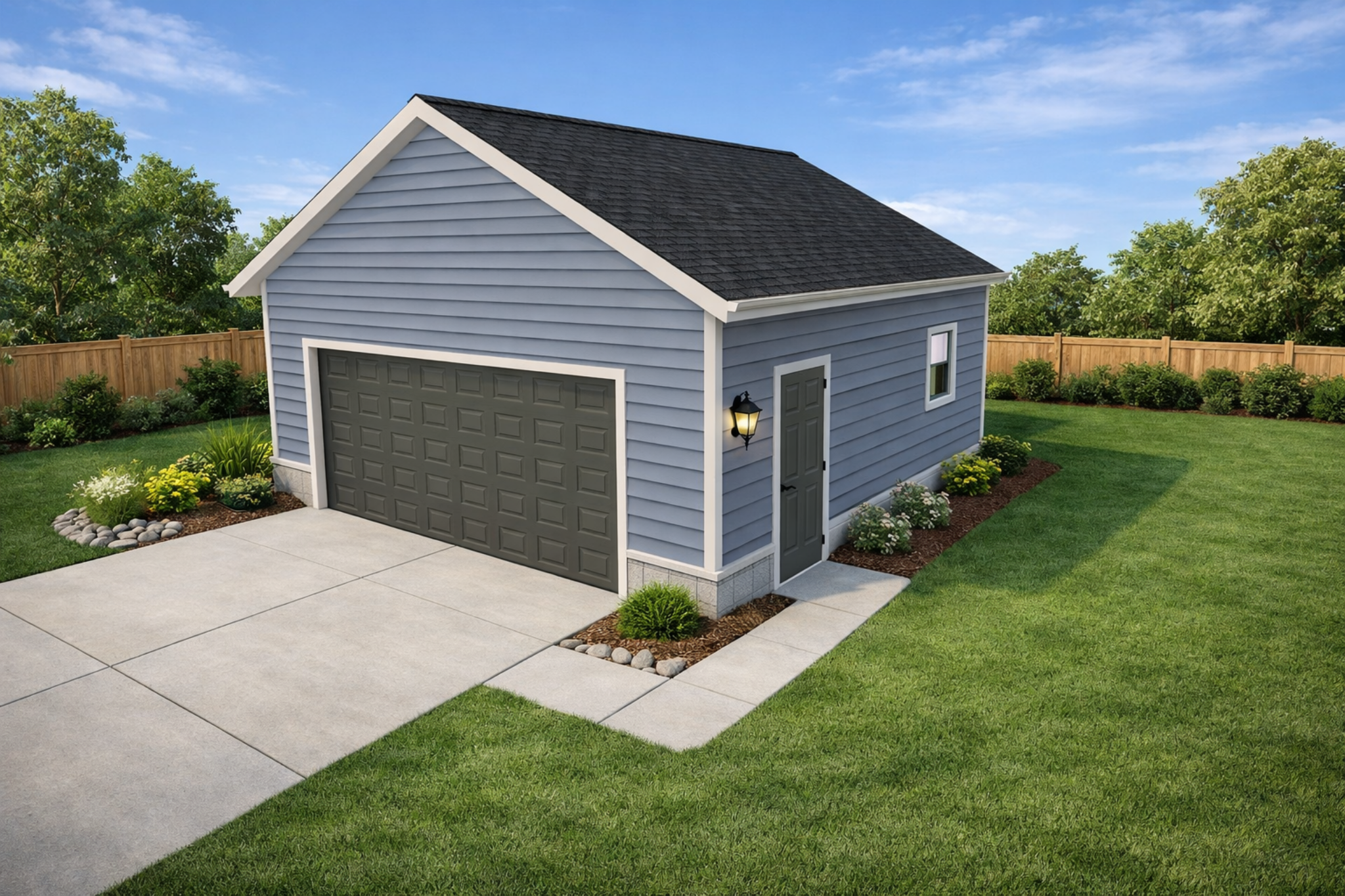 24x24 detached garage rendering with gable roof, driveway, and side entry door
